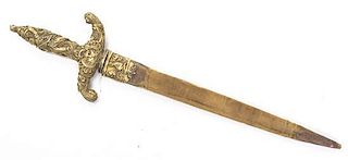 A Continental Gilt Bronze Paper Knife and Sheath, Length overall 14 1/2 inches.