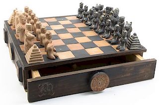 A Terra Cotta Figural Chess Set, Height of case 3 1/2 x width 16 1/2 x depth 16 3/8 inches.