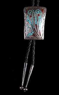 Navajo Sterling Silver Chip Inlay Bolo Tie