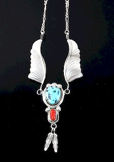 Navajo Sterling Silver Turquoise & Coral Necklace