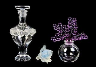 Two Lalique Molded and Frosted Glass Perfume Bottles, Height of tallest 5 3/4 inches.