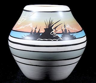 Signed Navajo Hand Painted & Etched Pottery Vase