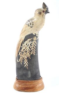 Carved Steer Horn Parrot Sculpture c. 1988