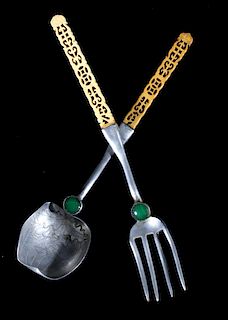 Chinese Aluminum and Bone Serving Spoon and Fork