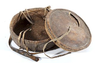 Ethiopian Reed and Leather Wrapped Basket c 1800's