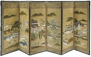 Japanese Six Panel Screen. Mountain Temple.