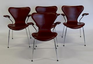 FRITZ HANSEN. Set of 4 Leather & Chrome Chairs.