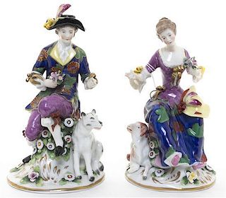 A Pair of Dresden Porcelain Figural Groups, Height of taller 6 3/8 inches.