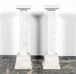 Pair, Carrera Marble Square Column Pedestals
