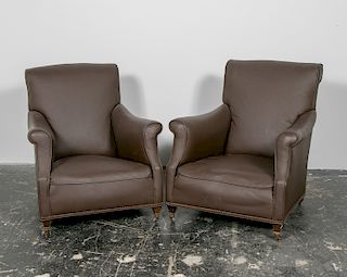Pair, Brown Faux Leather Club Chairs
