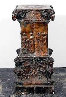Italian Painted Plaster Pedestal, Rams Heads