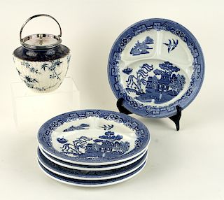 5 ENGLISH FLOW BLUE DINNER PLATES & DOULTON JAR