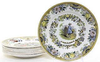 A Set of Seven French Transfer Decorated Plates, Diameter of largest 8 1/8 inches.