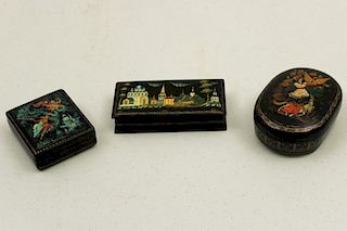 3 SIGNED RUSSIAN BLACK LACQUERED BOXES