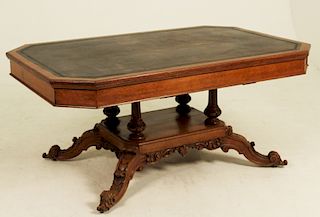 REGENCY CARVED OAK LEATHER TOP LIBRARY TABLE