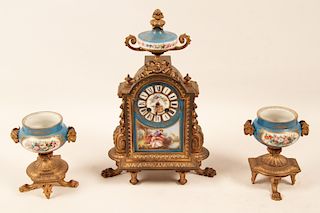 3 PIECE FRENCH SEVRES AND BRONZE CLOCK SET