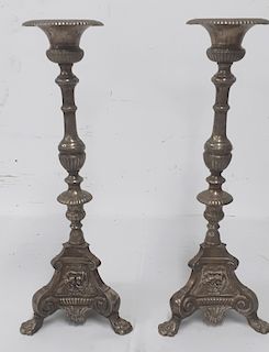PR. OF SILVER ON METAL CATHEDRAL CANDLESTICKS