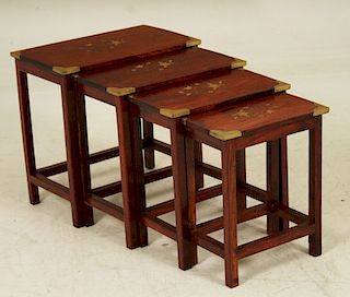 NEST OF 4 ROSEWOOD AND BRASS INLAID TABLES