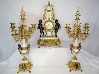 3 PC. FRENCH GILT METAL AND MARBLE CLOCK SET