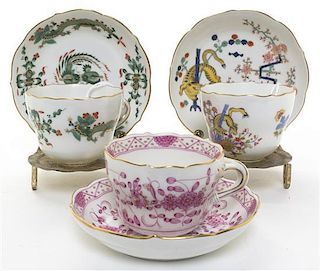 Three Meissen Porcelain Teacup and Saucer Sets, Diameter 4 1/4 inches.