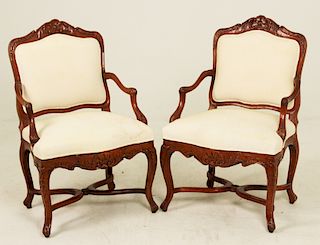 PR. OF LOUIS XV STYLE WALNUT STAINED FAUTEUILS
