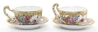 Two Porcelain Teacup and Saucer Sets, Diameter 5 1/4 inches.