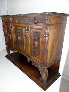 FRENCH CARVED WALNUT MARBLE TOP BUFFET