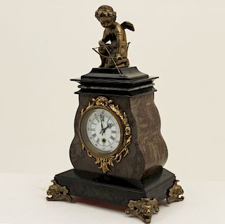 FRENCH STYLE MARBLE CLOCK W/CUPID SURMOUNT