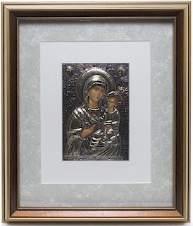 A Contemporary Silvered Metal Framed Icon, 13 1/2 x 11 1/2 inches.