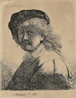 Rembrandt van Rijn (Dutch, 1606-1669)  Self Portrait in a Cap and Scarf with the Face Dark: Bust