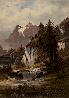 Continental School, 19th Century  Alpine Landscape with Deer by a River