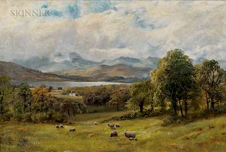 James Henry Crossland (British, 1852-1939)  Valley Landscape with Sheep at Pasture and Distant Lake