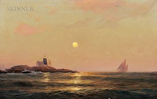 Warren Sheppard (American, 1858-1937)  Moonlight Sailing, Saddleback Ledge Light Station, Maine