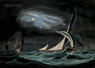 Attributed to Ernest Poulson (British, act. 1836-1865)  Nighttime Encounter with Smugglers off the Isle of Thanet