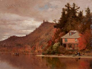 Jervis McEntee (American, 1828-1891)  An October Day  /The Maurice Cottage at Lake Bisby in the Adirondacks, 1888