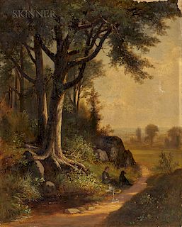 Benjamin Champney (American, 1817-1907)  Figure and Dog at Rest by Hillside Trees