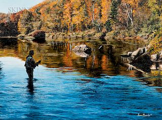 Adriano Manocchia (American, b. 1951)  Fly Fisherman on a Quiet Autumn River