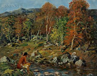Arthur Clifton Goodwin (American, 1866-1929)  Landscape with Indian by a Stream
