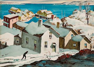 Henry Martin Gasser (American, 1909-1981)  Snowy Village Overlooking a Harbor