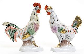 A Pair of German Porcelain Models of Roosters, Height 6 inches.