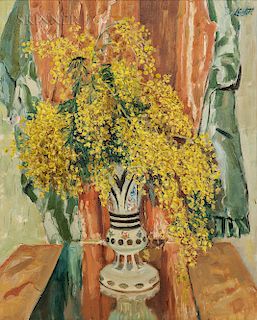Edward Barnard Lintott (American, 1875-1951)  Mimosas in Victorian Vase