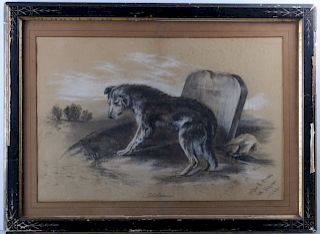 Charcoal Drawing, 1882 Dog and Headstone