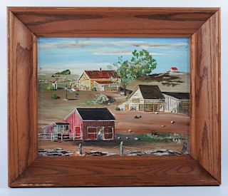 Charles J. White "Farm Buildings" Folk Art Oil