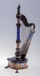 Bohm Viennese Silver & Enamel Harp-Form Clock
