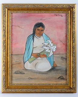 D. Rivera Attr. Watercolor, "Vendedora de Flores"