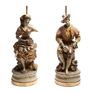 A Pair of Cast Plaster Table Lamps, Height overall 34 1/4 inches.