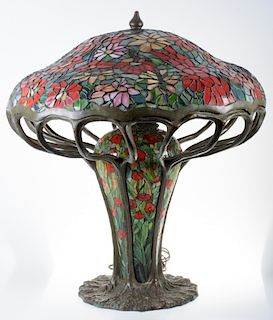 Leaded Glass Zinnia Lamp in the Manner of Tiffany
