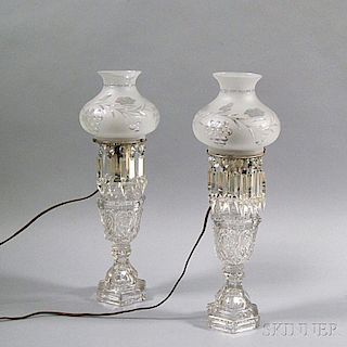 Pair of Sandwich Colorless Glass Kerosene Lamps