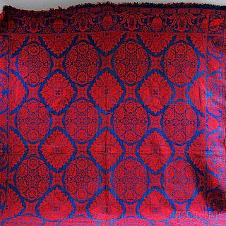 Red and Blue Wool Double Weave Floral Medallion Coverlet