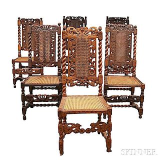 Six Carved Oak Caned-seat Side Chairs